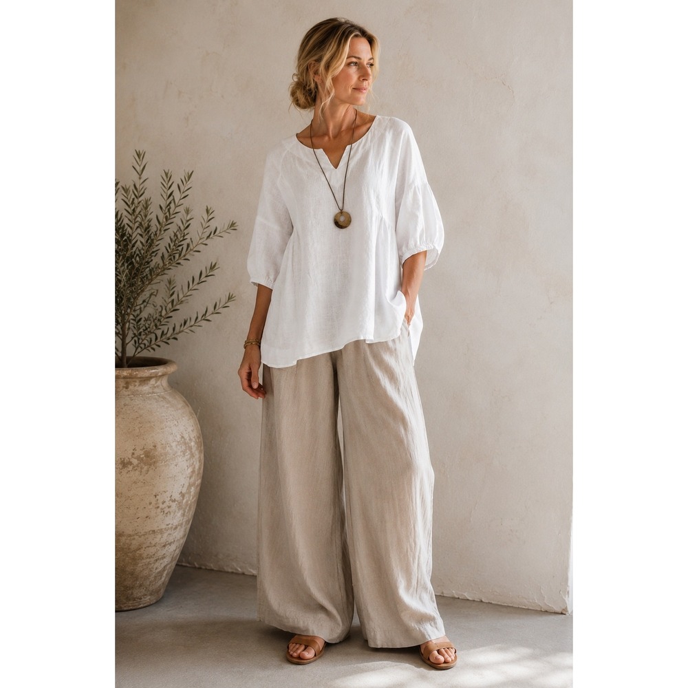 Chalet White 100% Linen Lagenlook Tunic Blouse Made in USA XL